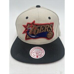 Mitchell Ness Philadelphia 76ers Cream Black Snap Back Hat Cap Mens